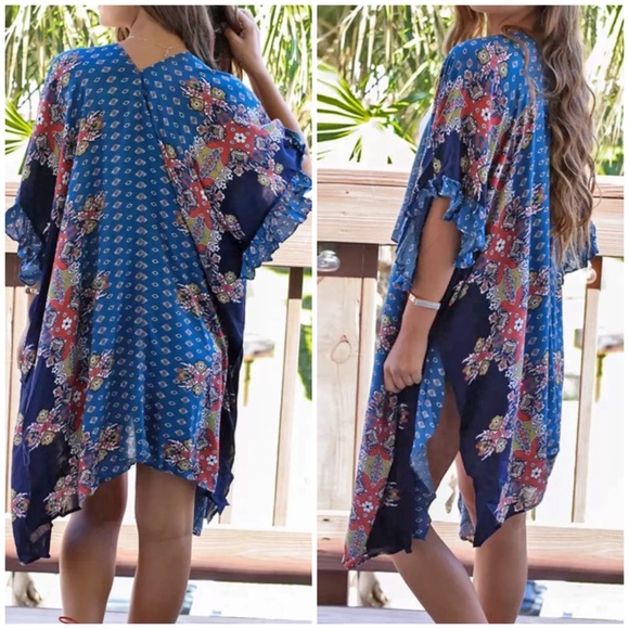 Blue Geometric Print Chiffon Kimono Beach Coverup - Picture 2 of 8
